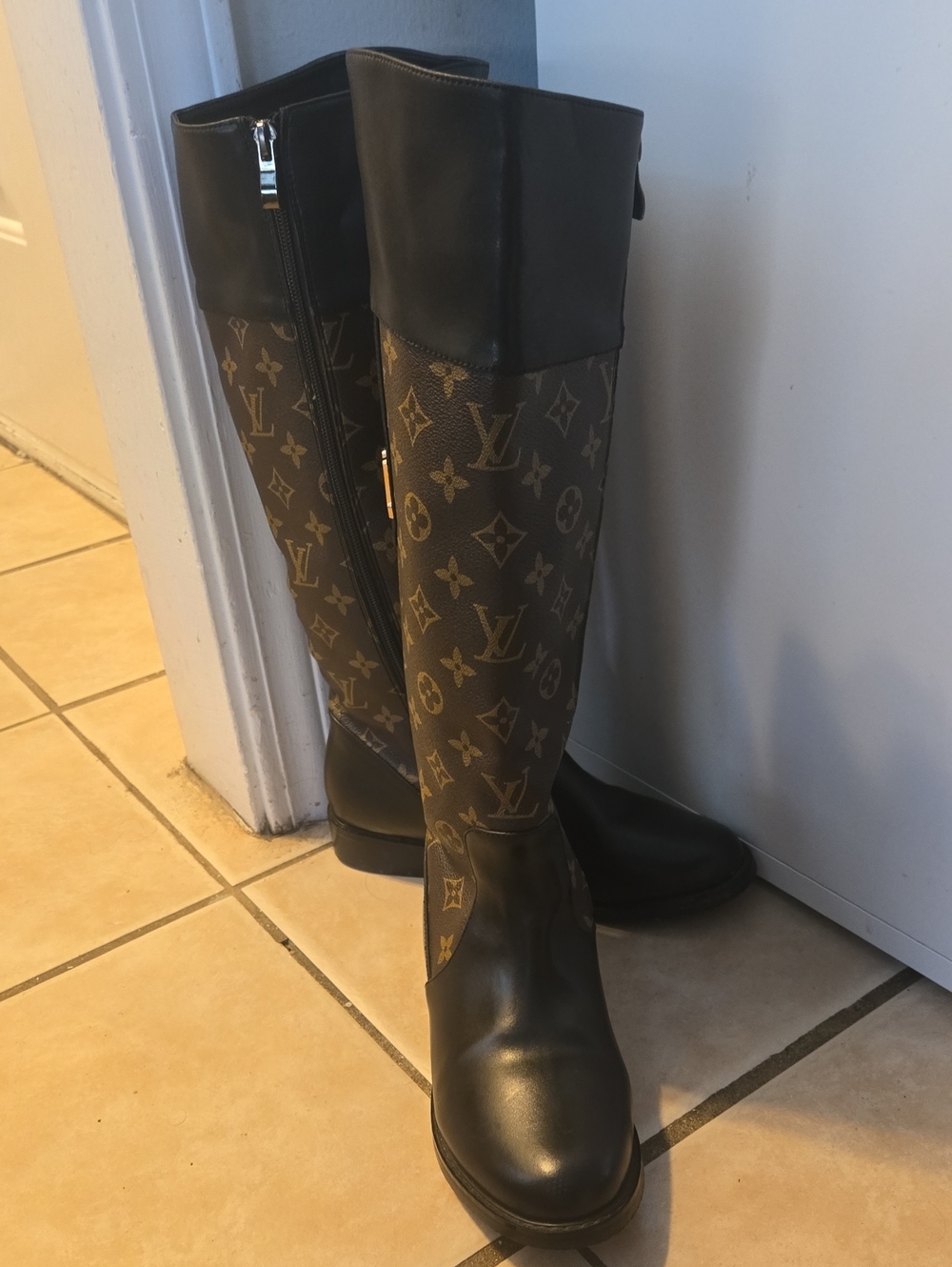 Louis Vuitton Brown Monogram Tall Logo Knee Boots with Black Leather Trim